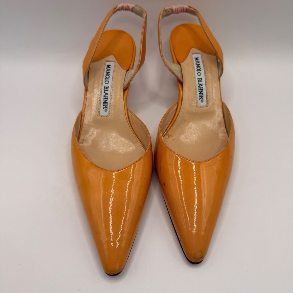 Manolo Blahnik Carolyne Orange Patent Leather Slingback Kitten Heels Size 36.5 - Picture 6 of 13